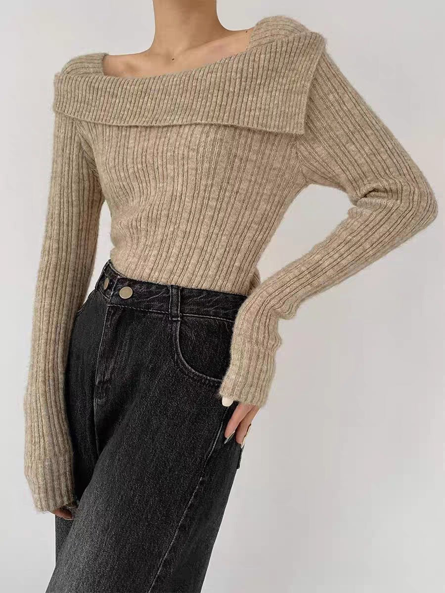 One-shoulder knitted sweater irregular French style shoulder long sleeve top FD - Image 17