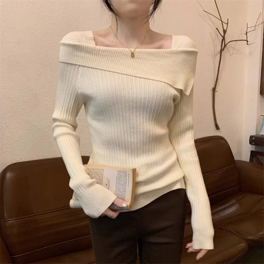 One-shoulder knitted sweater irregular French style shoulder long sleeve top FD - Image 3