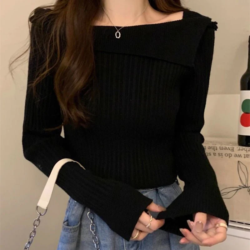 One-shoulder knitted sweater irregular French style shoulder long sleeve top FD - Image 6
