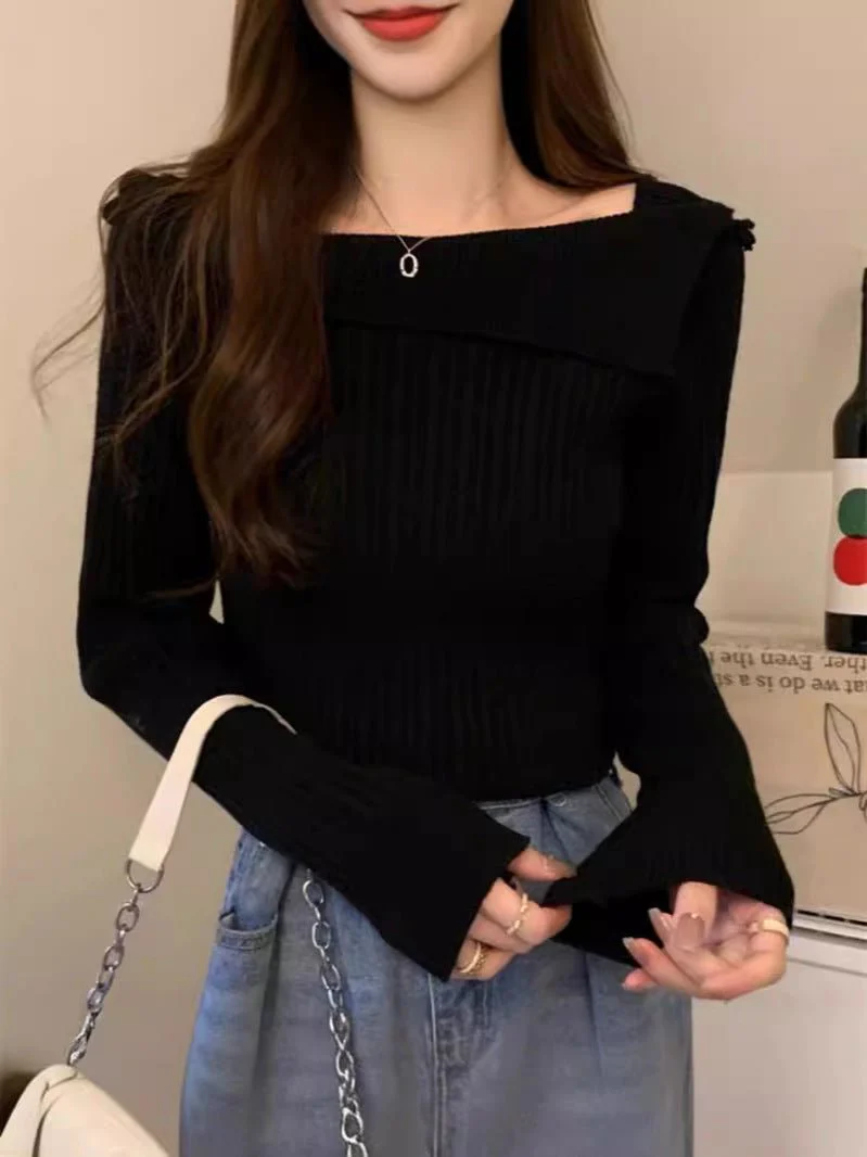 One-shoulder knitted sweater irregular French style shoulder long sleeve top FD - Image 9
