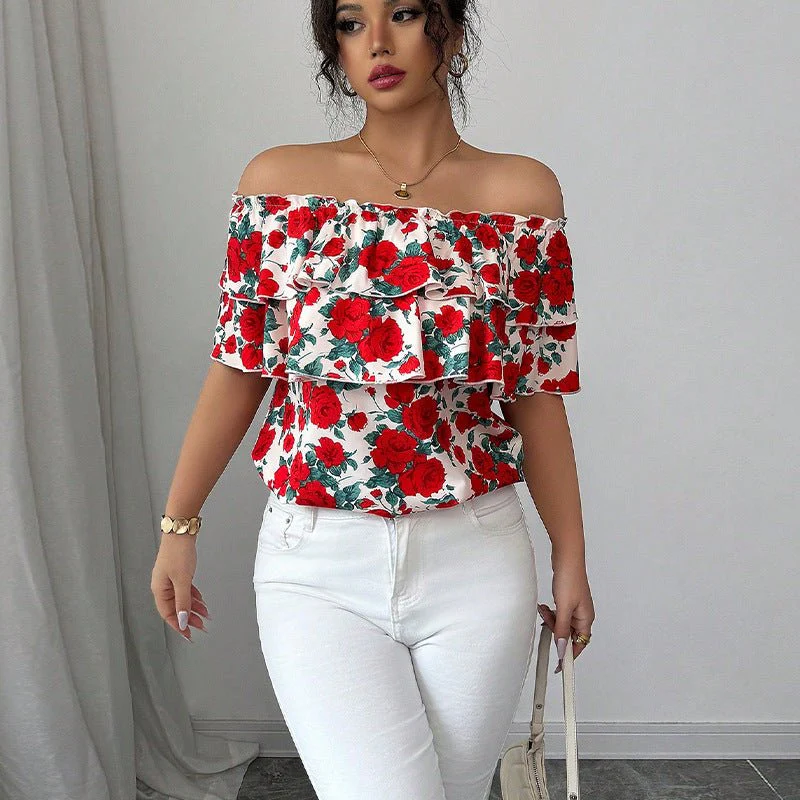 One-shoulder short-sleeved shirt double-layer ruffled women's clothing