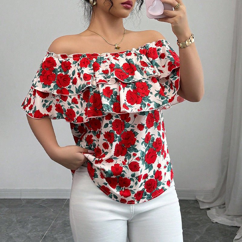 One-shoulder short-sleeved shirt double-layer ruffled women's clothing - Image 2
