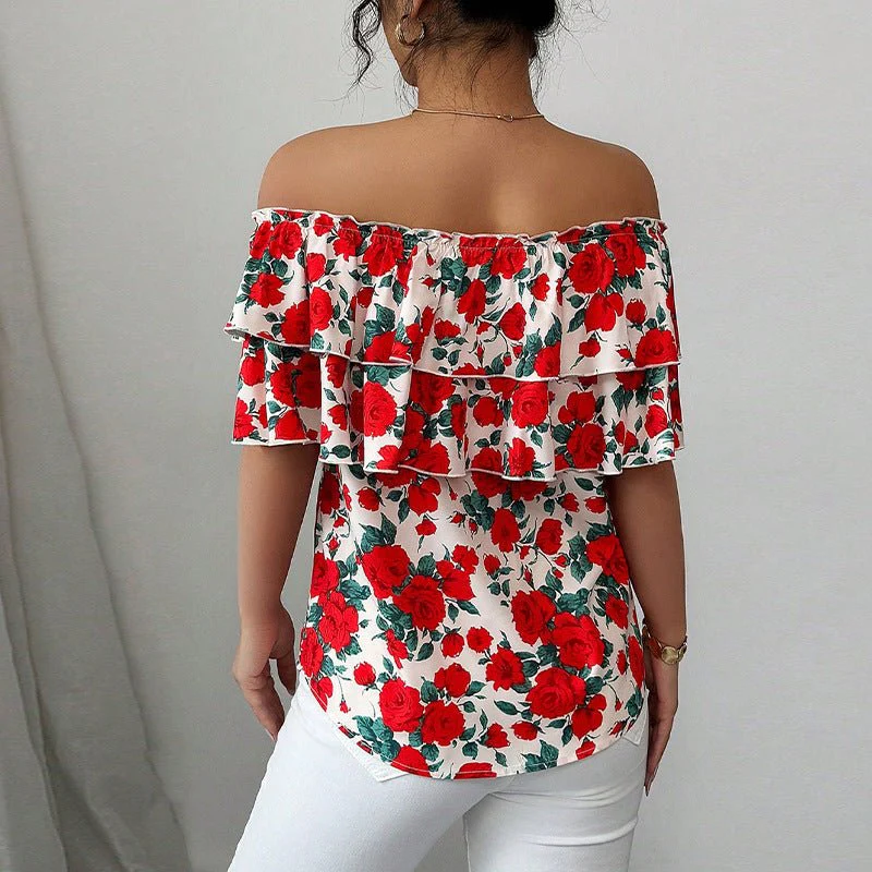One-shoulder short-sleeved shirt double-layer ruffled women's clothing - Image 3