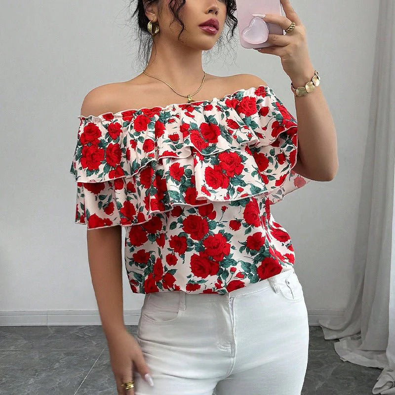 One-shoulder short-sleeved shirt double-layer ruffled women's clothing - Image 4