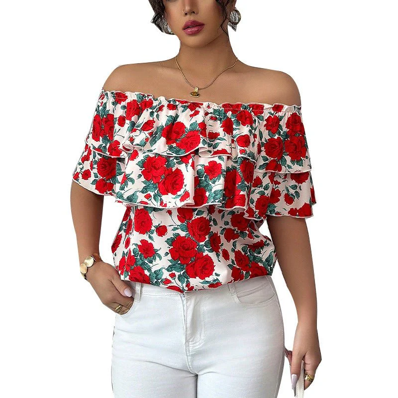 One-shoulder short-sleeved shirt double-layer ruffled women's clothing - Image 5