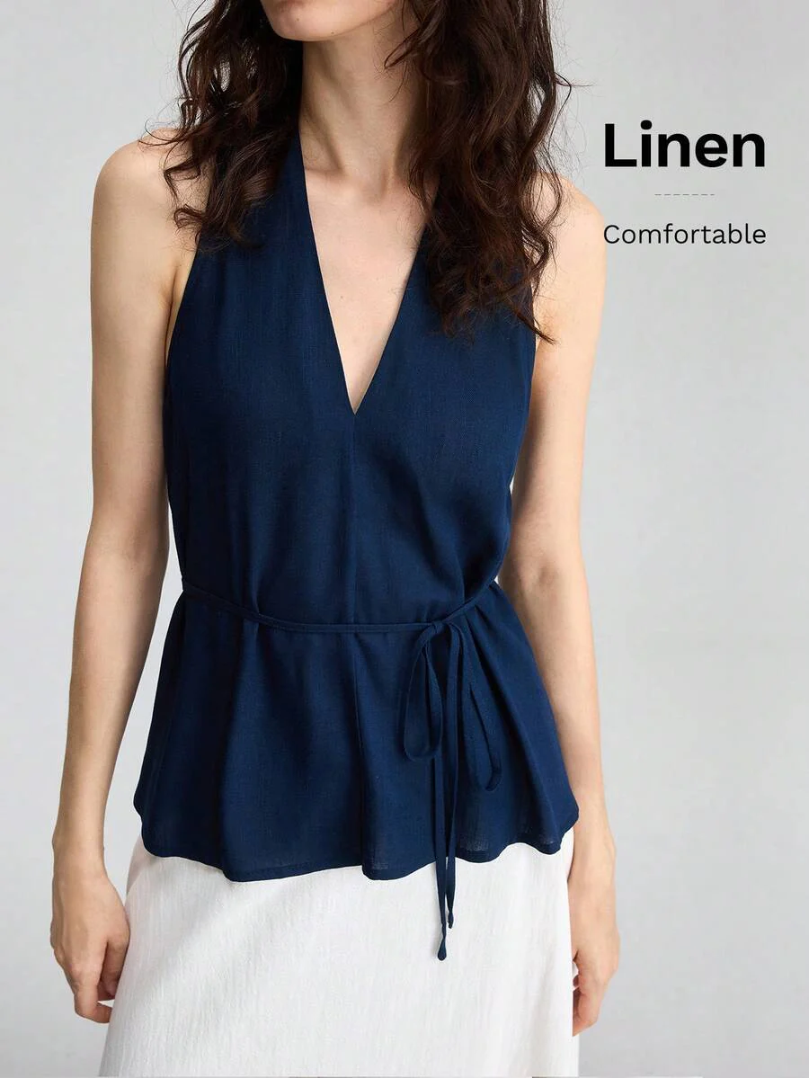 Women's Navy Blue Linen Blend Sleeveless V-Neck Blouse