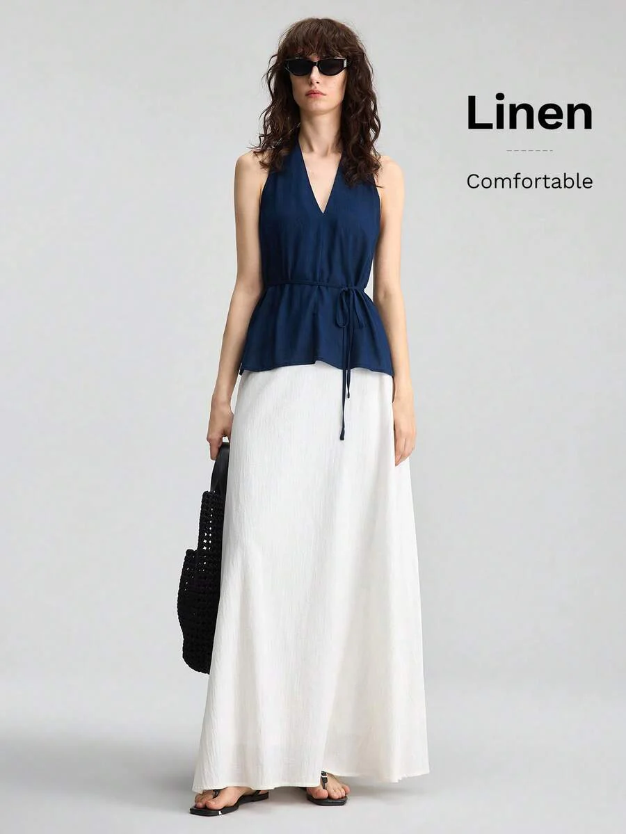 Women's Navy Blue Linen Blend Sleeveless V-Neck Blouse - Image 2