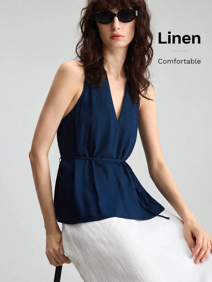 Women's Navy Blue Linen Blend Sleeveless V-Neck Blouse - Image 3