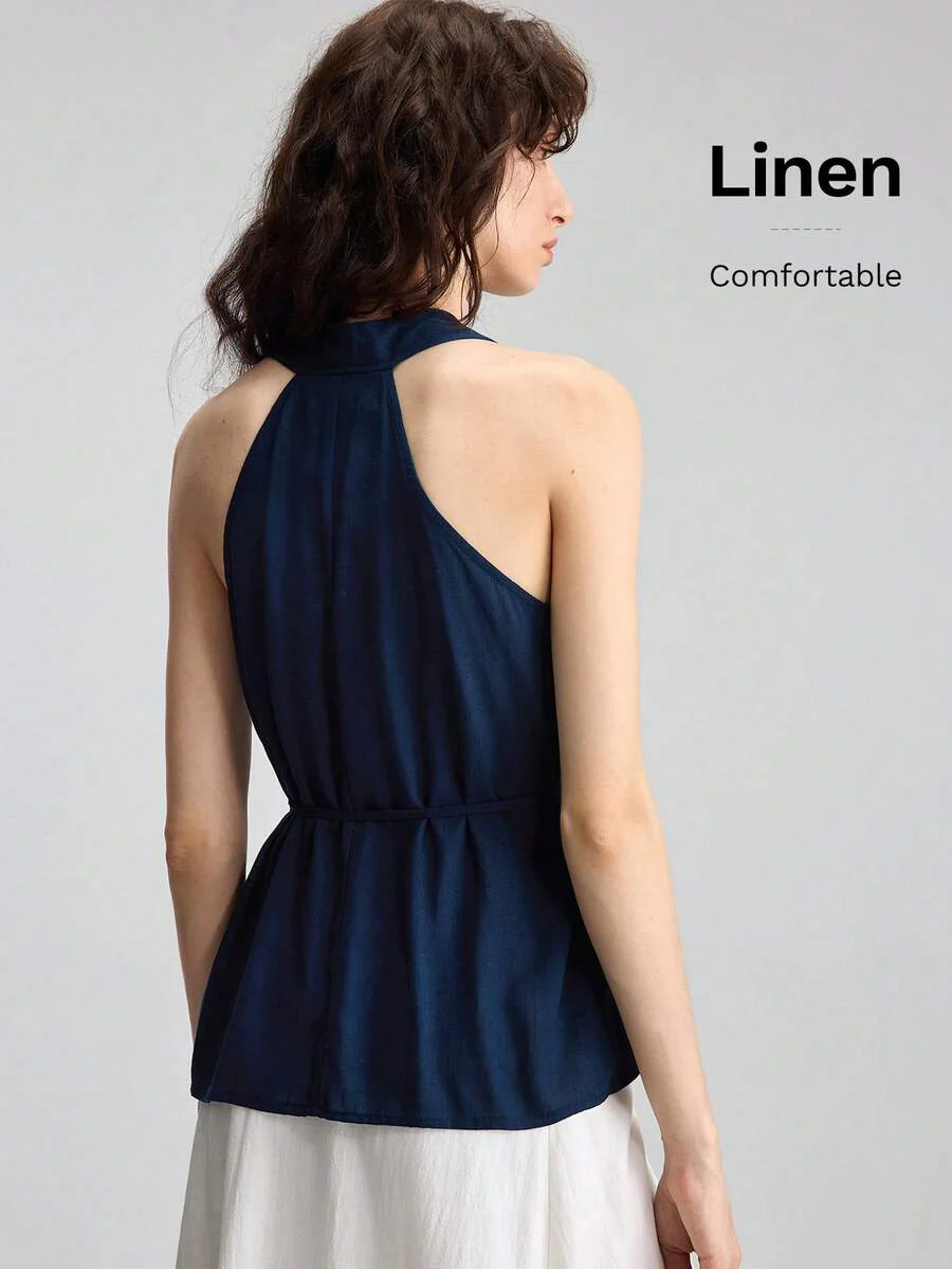 Women's Navy Blue Linen Blend Sleeveless V-Neck Blouse - Image 4