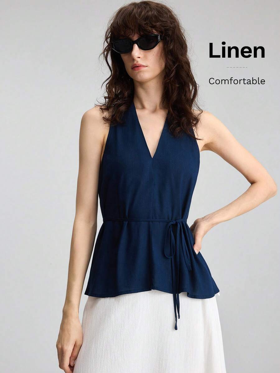 Women's Navy Blue Linen Blend Sleeveless V-Neck Blouse - Image 5