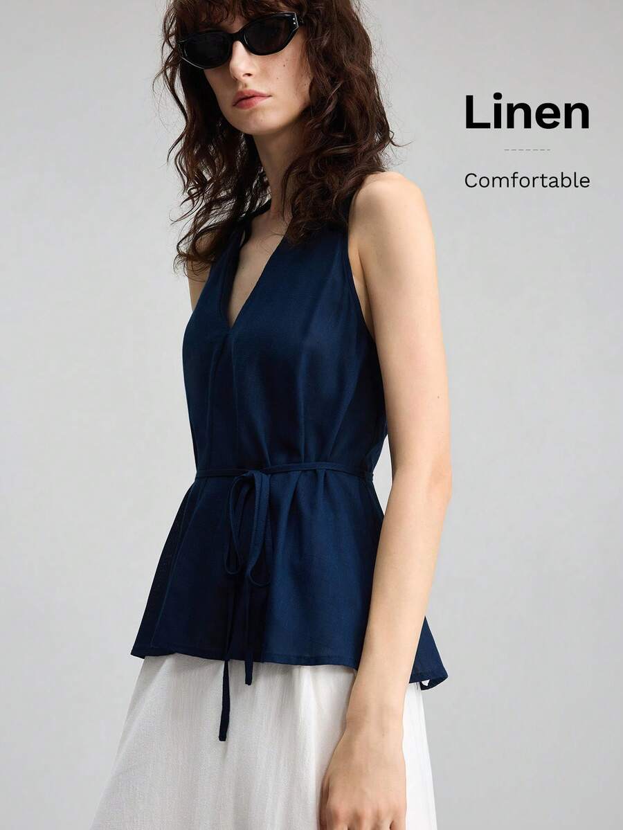 Women's Navy Blue Linen Blend Sleeveless V-Neck Blouse - Image 6