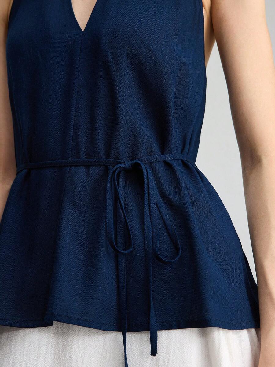 Women's Navy Blue Linen Blend Sleeveless V-Neck Blouse - Image 7