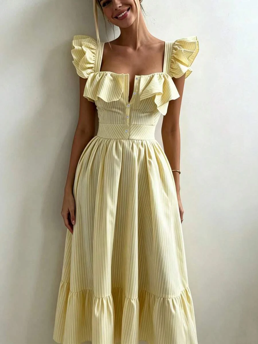 Pariaura Yellow Base White Striped Women's Summer Dress - Image 3