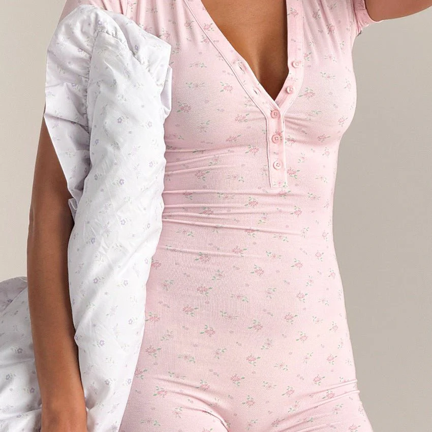 Pastel Reverie | V-Neck Printed Knit Loungewear Jumpsuit
