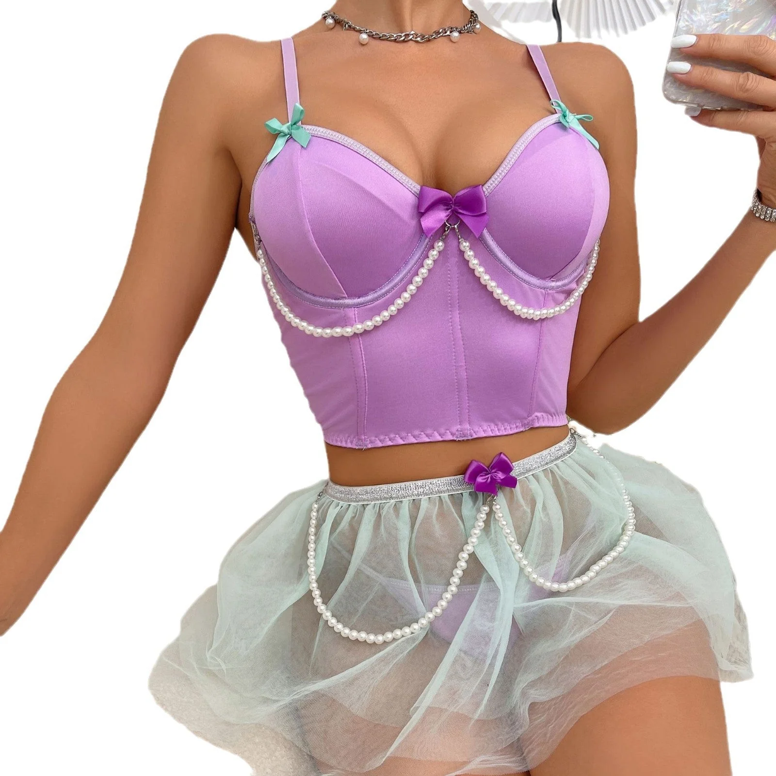 Pearl Glow | Fruit Green Lace Tube Top Short Skirt Three-Piece Set - Image 5