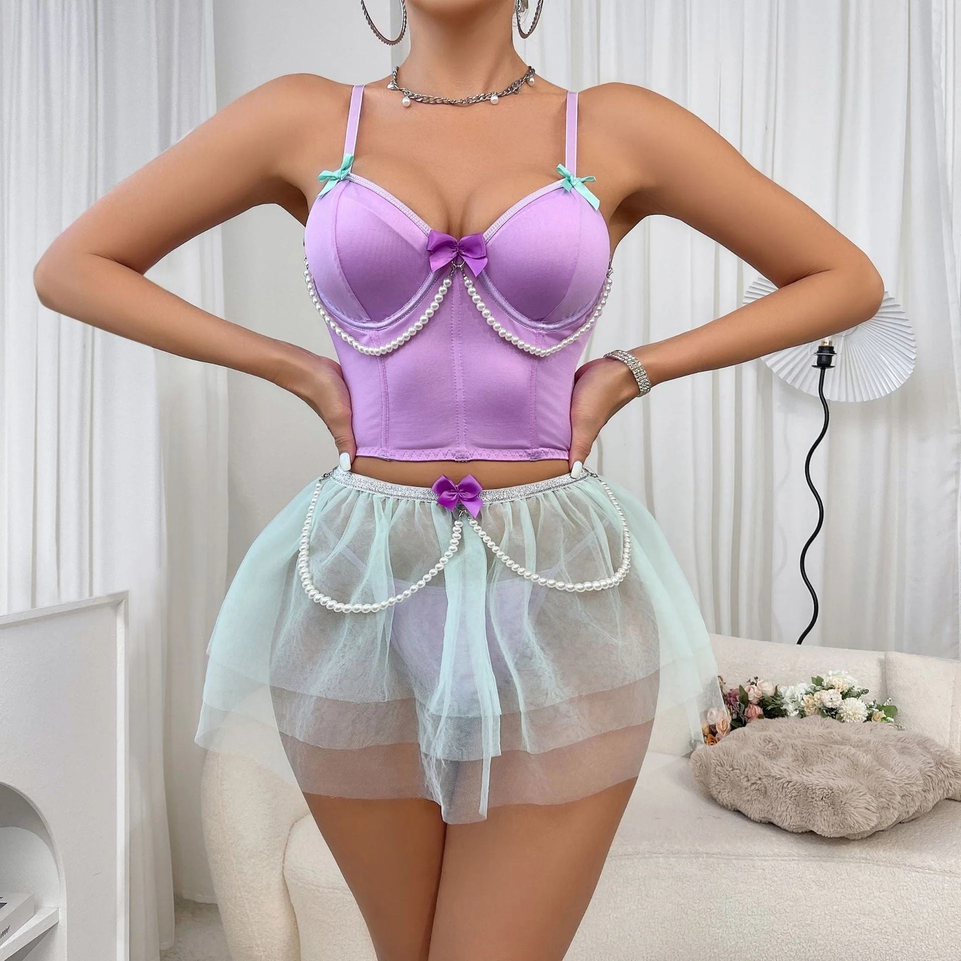 Pearl Glow | Fruit Green Lace Tube Top Short Skirt Three-Piece Set FD