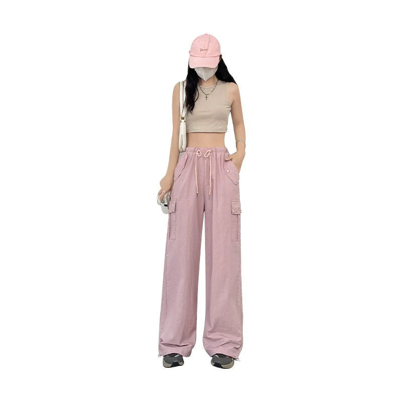 Pink overalls women's autumn new high-waisted wide-leg pants loose casual and thin Spice Girls quick-drying American sweatpants - Image 5