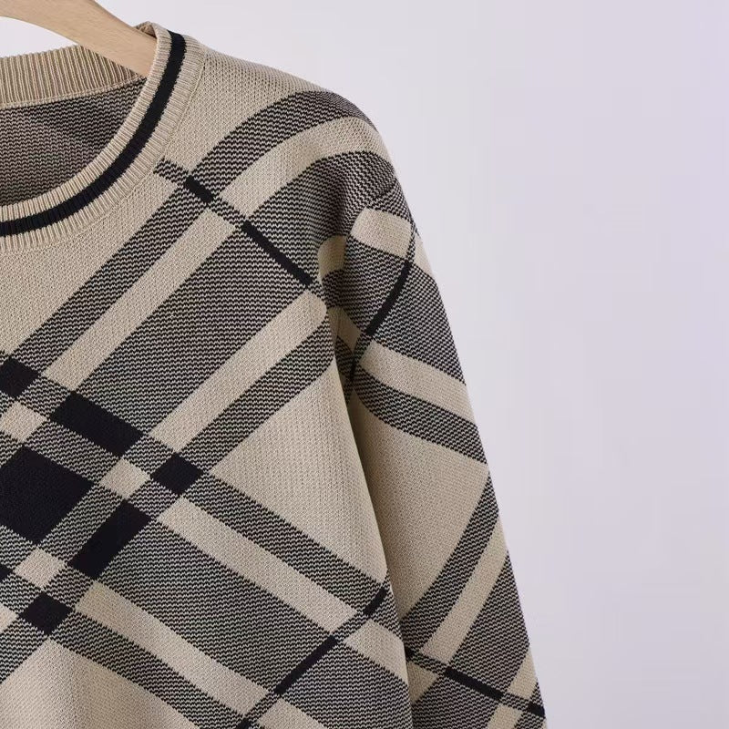 Plaid crew neck long-sleeved knitted top high waist and thin wide-leg pants - Image 3