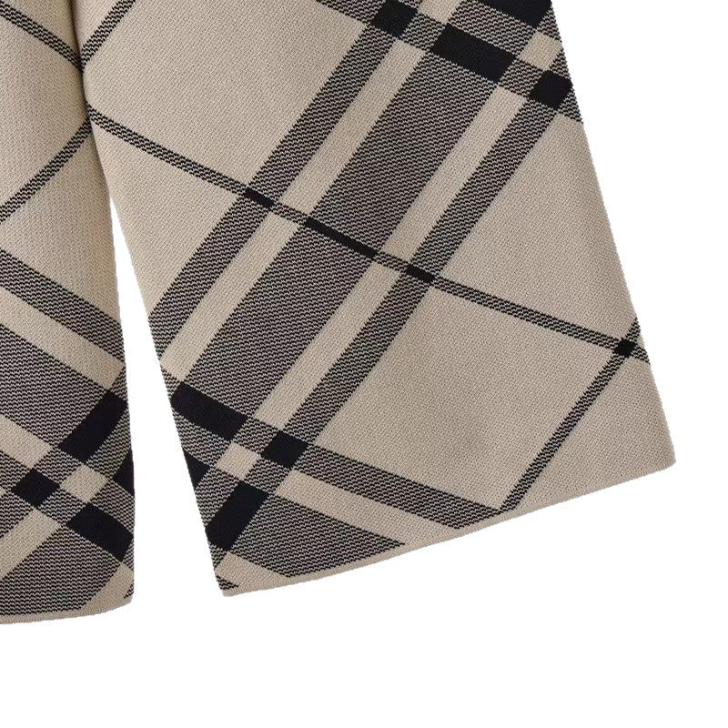 Plaid crew neck long-sleeved knitted top high waist and thin wide-leg pants - Image 5