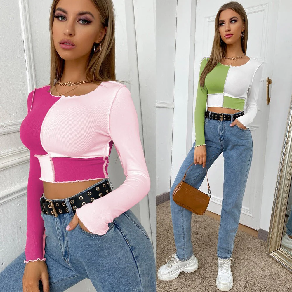 Plaid Long Sleeve T-Shirt - Matching casual round neck long-sleeved short tops