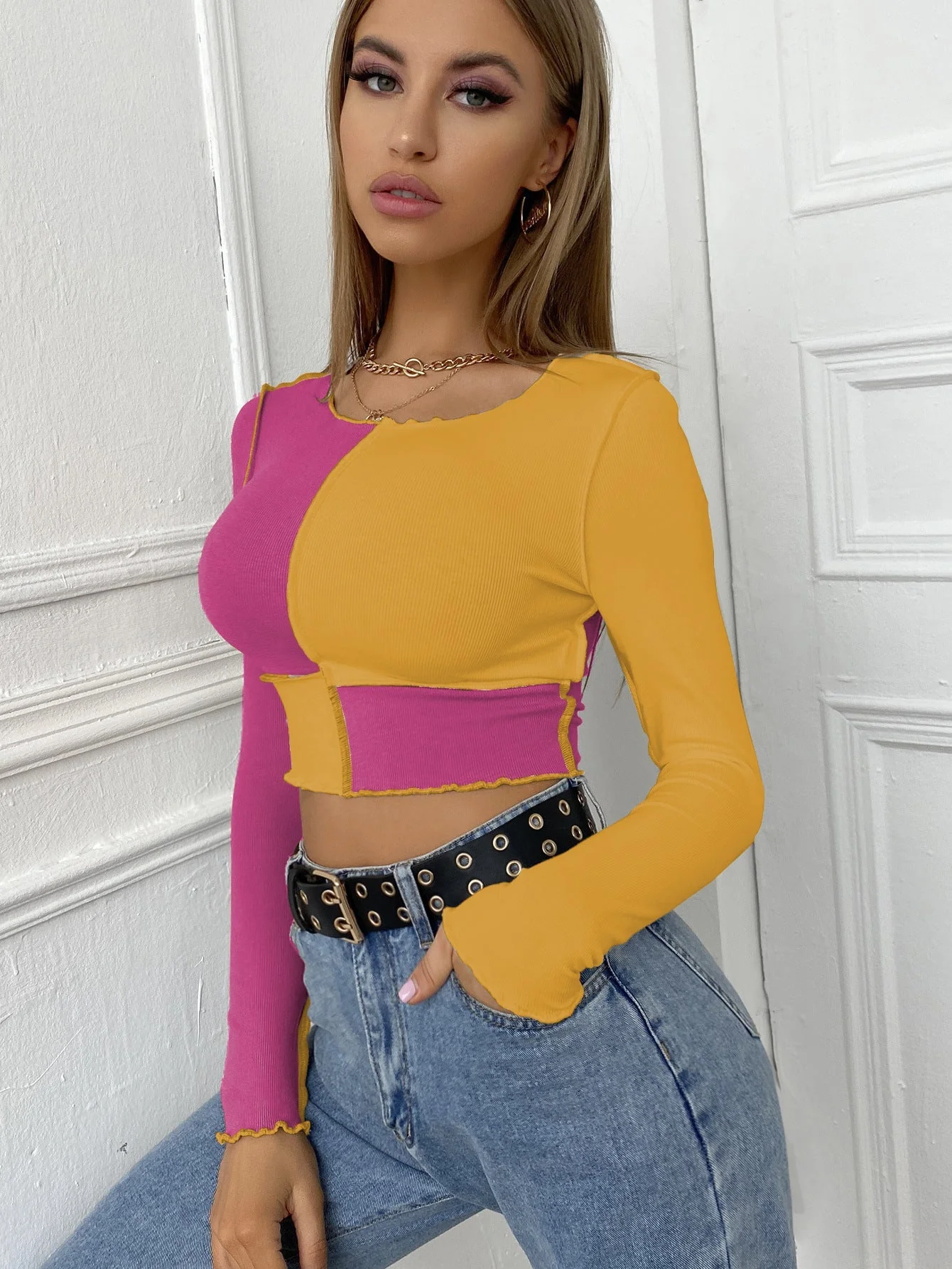 Plaid Long Sleeve T-Shirt - Matching casual round neck long-sleeved short tops - Image 10