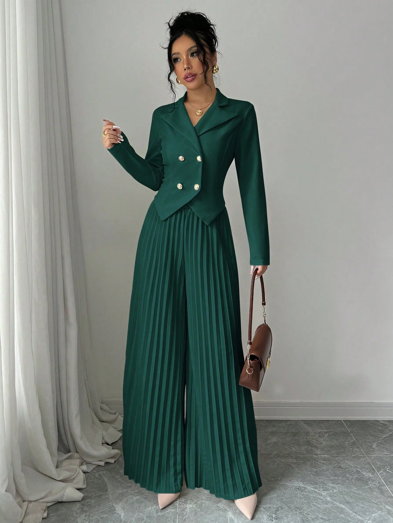 Pleated Double-Breasted Long Sleeve Elegant & Romantic Women's Business Suit