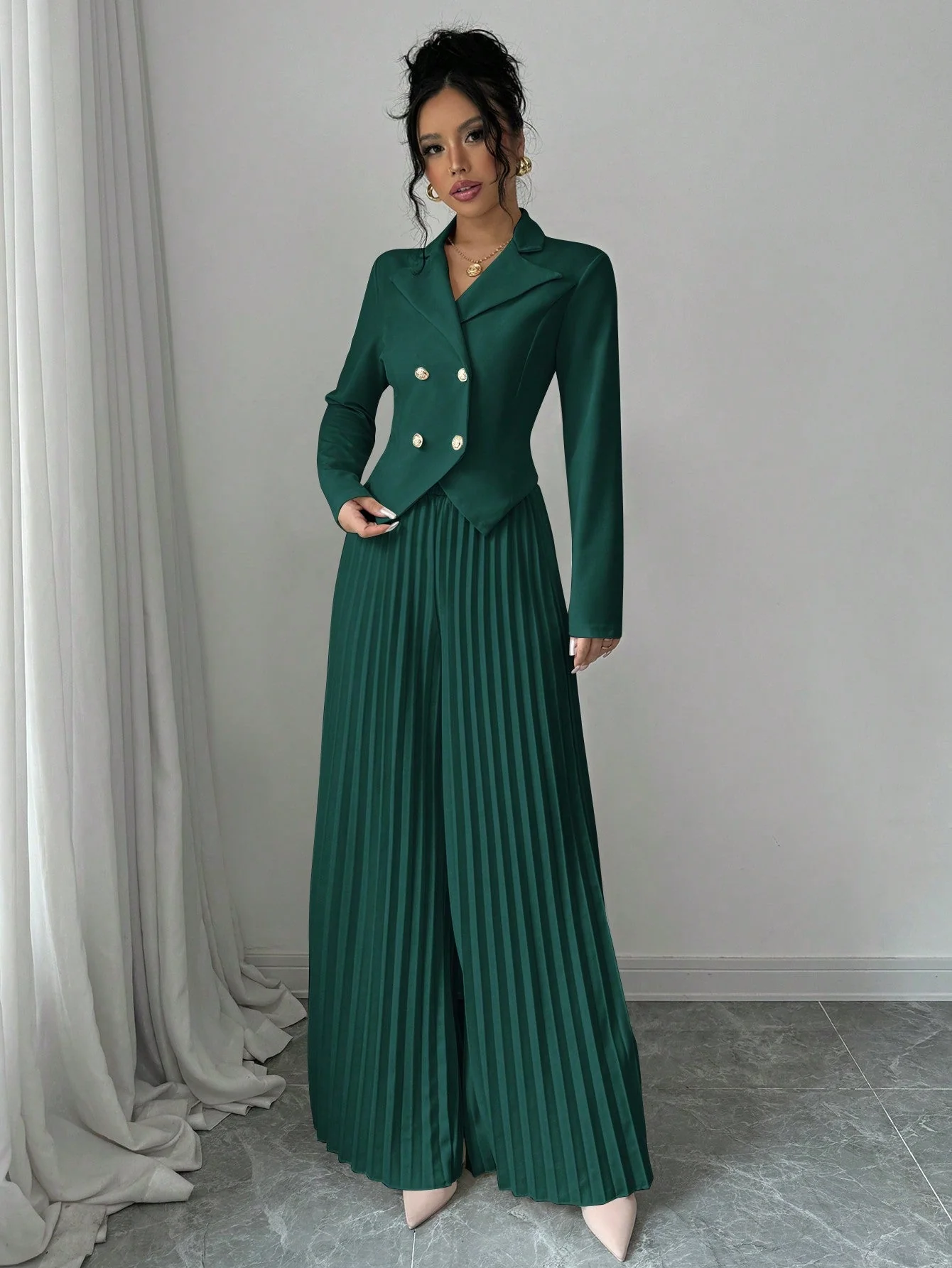 Pleated Double-Breasted Long Sleeve Elegant & Romantic Women's Business Suit - Image 10