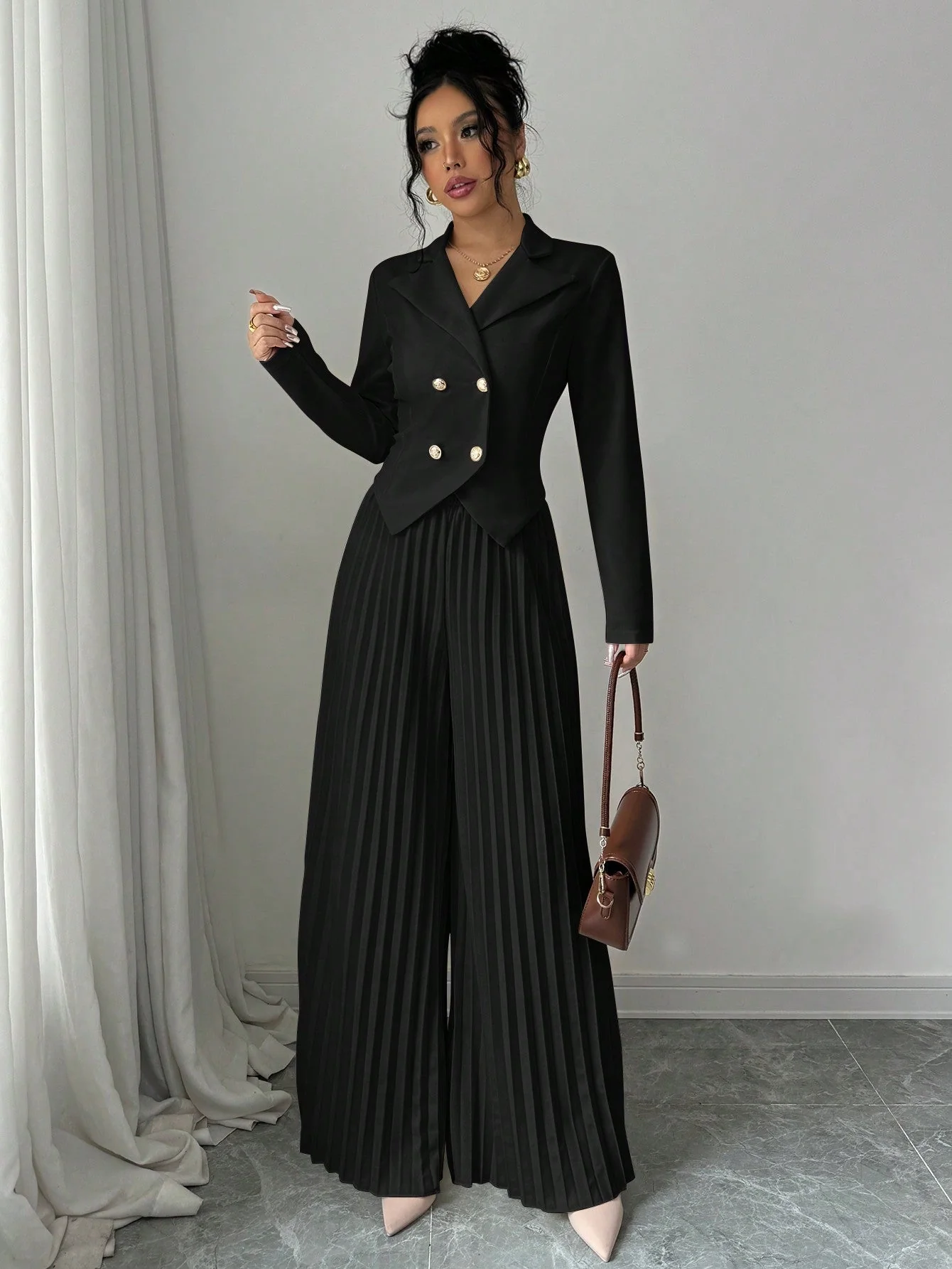 Pleated Double-Breasted Long Sleeve Elegant & Romantic Women's Business Suit - Image 2
