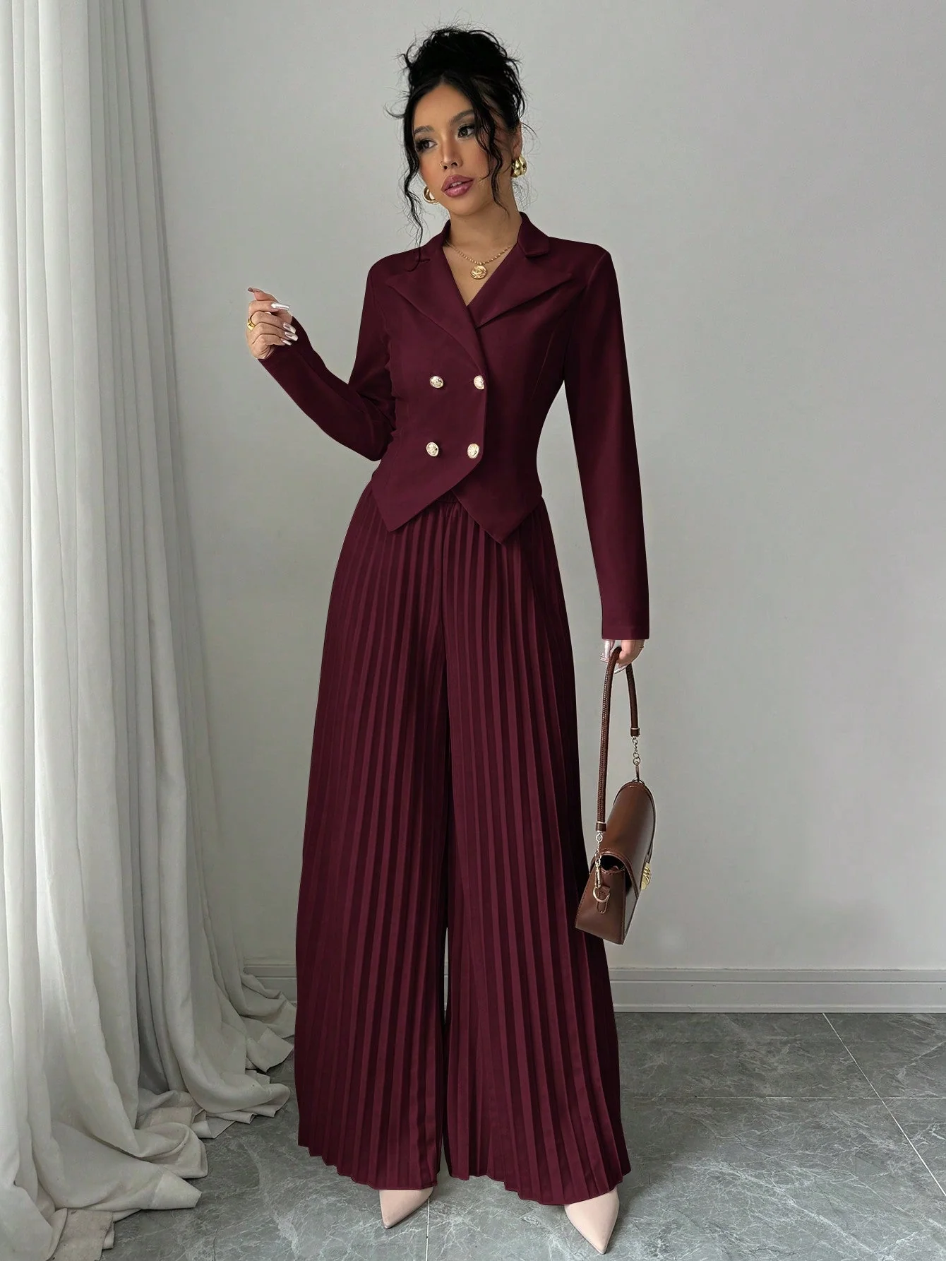 Pleated Double-Breasted Long Sleeve Elegant & Romantic Women's Business Suit - Image 3