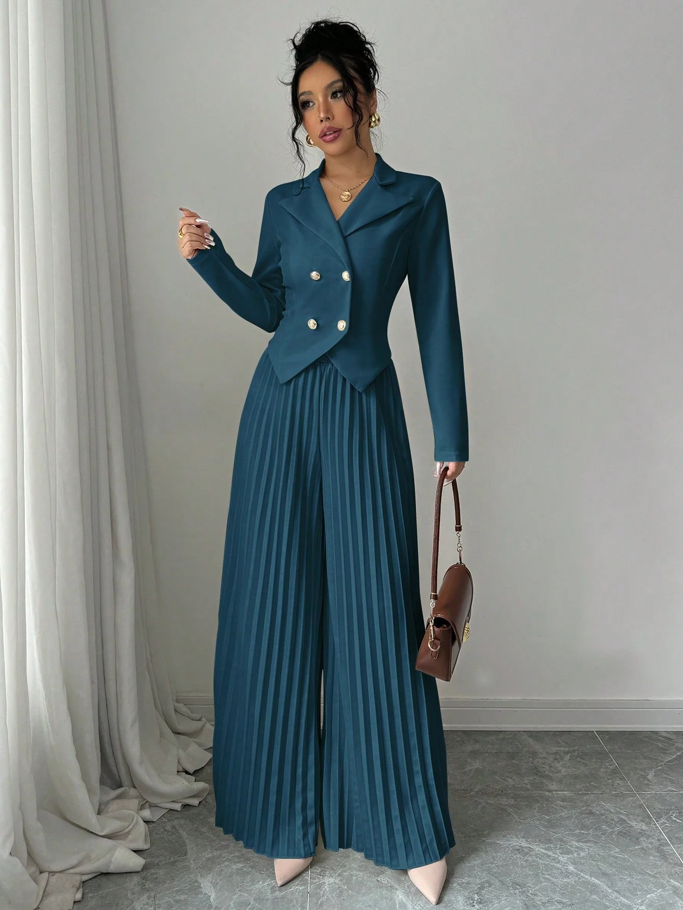 Pleated Double-Breasted Long Sleeve Elegant & Romantic Women's Business Suit - Image 4
