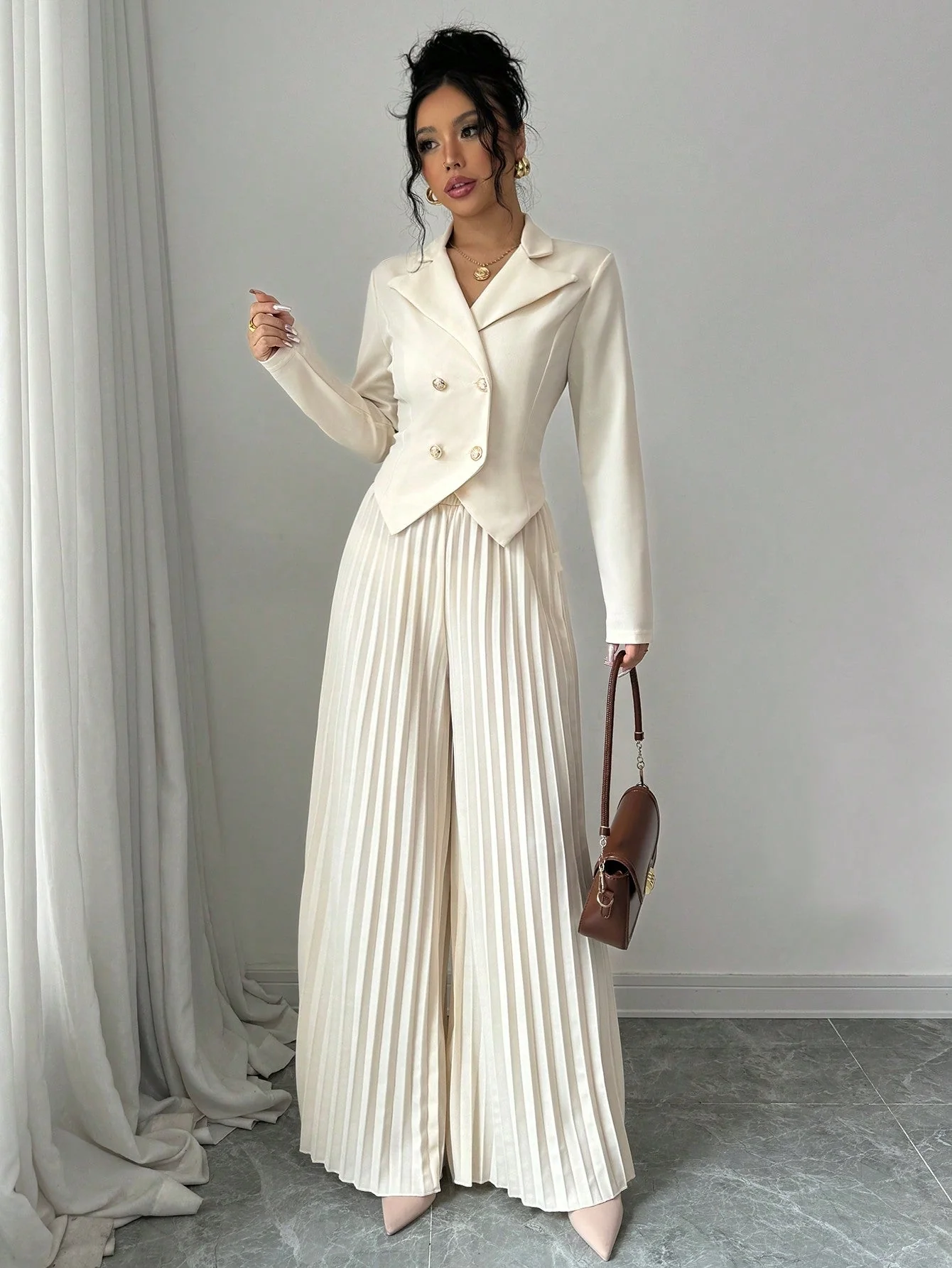 Pleated Double-Breasted Long Sleeve Elegant & Romantic Women's Business Suit - Image 5