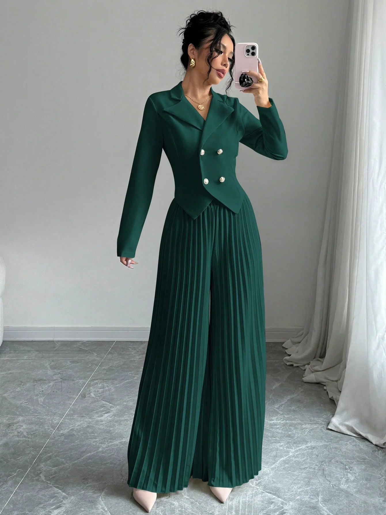 Pleated Double-Breasted Long Sleeve Elegant & Romantic Women's Business Suit - Image 7