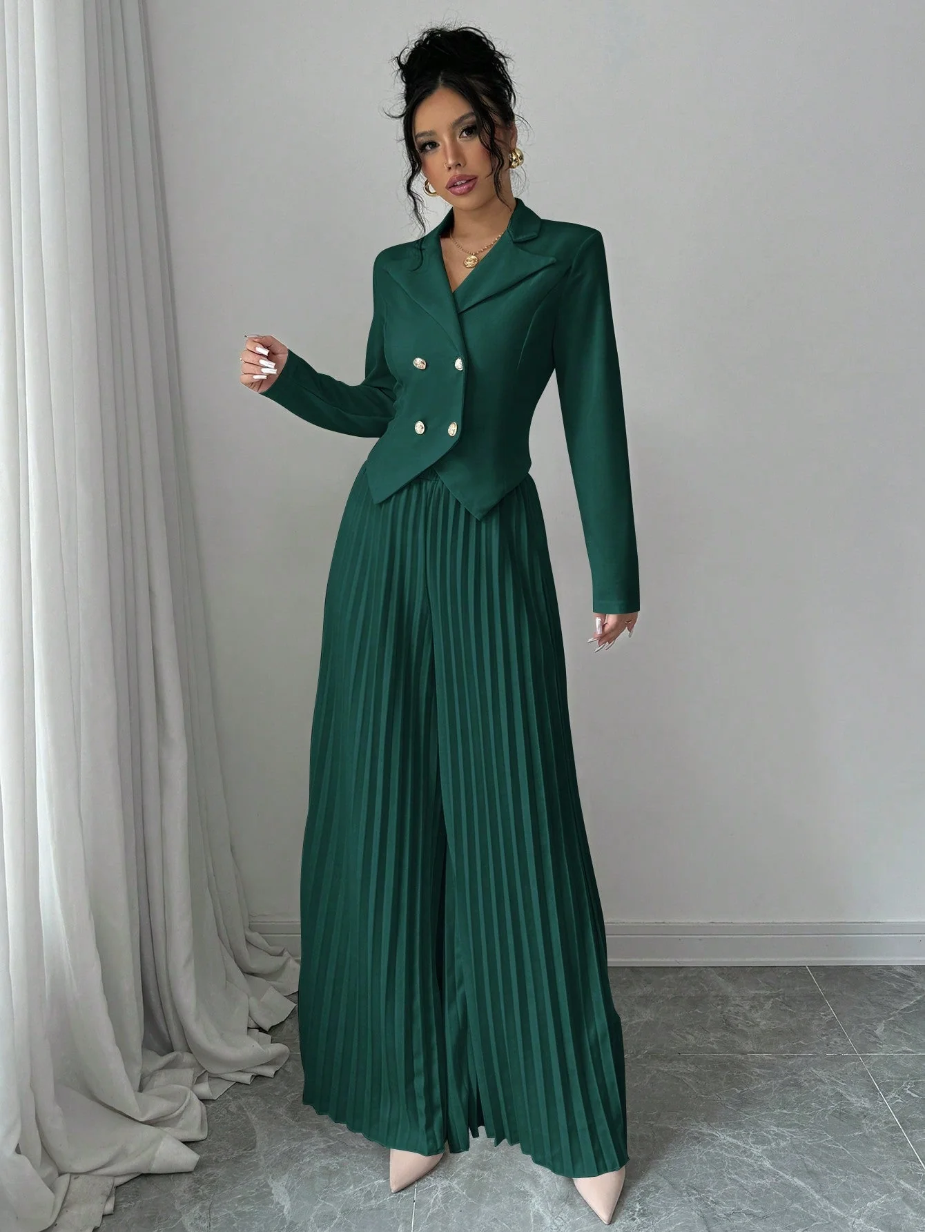 Pleated Double-Breasted Long Sleeve Elegant & Romantic Women's Business Suit - Image 8