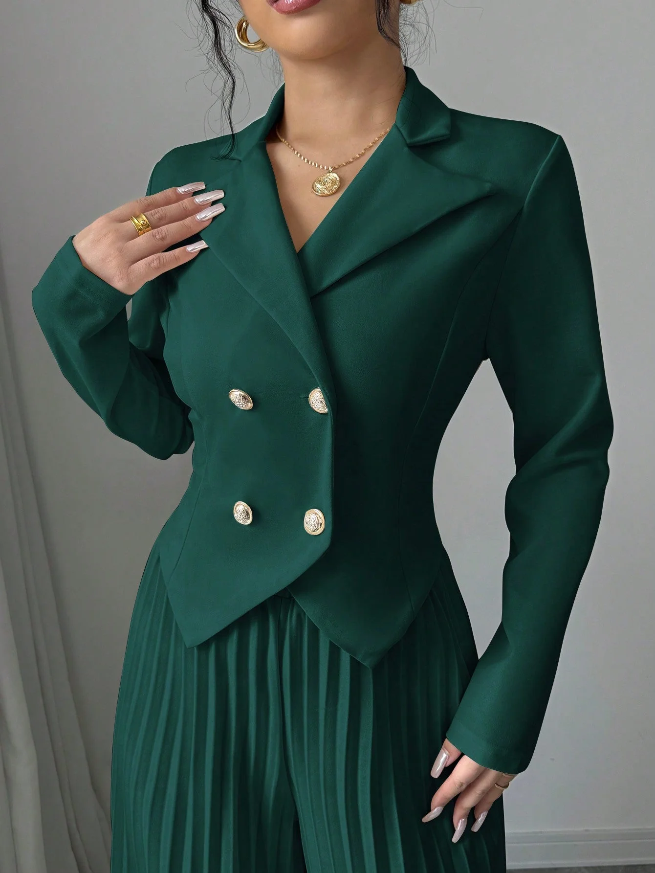 Pleated Double-Breasted Long Sleeve Elegant & Romantic Women's Business Suit - Image 9