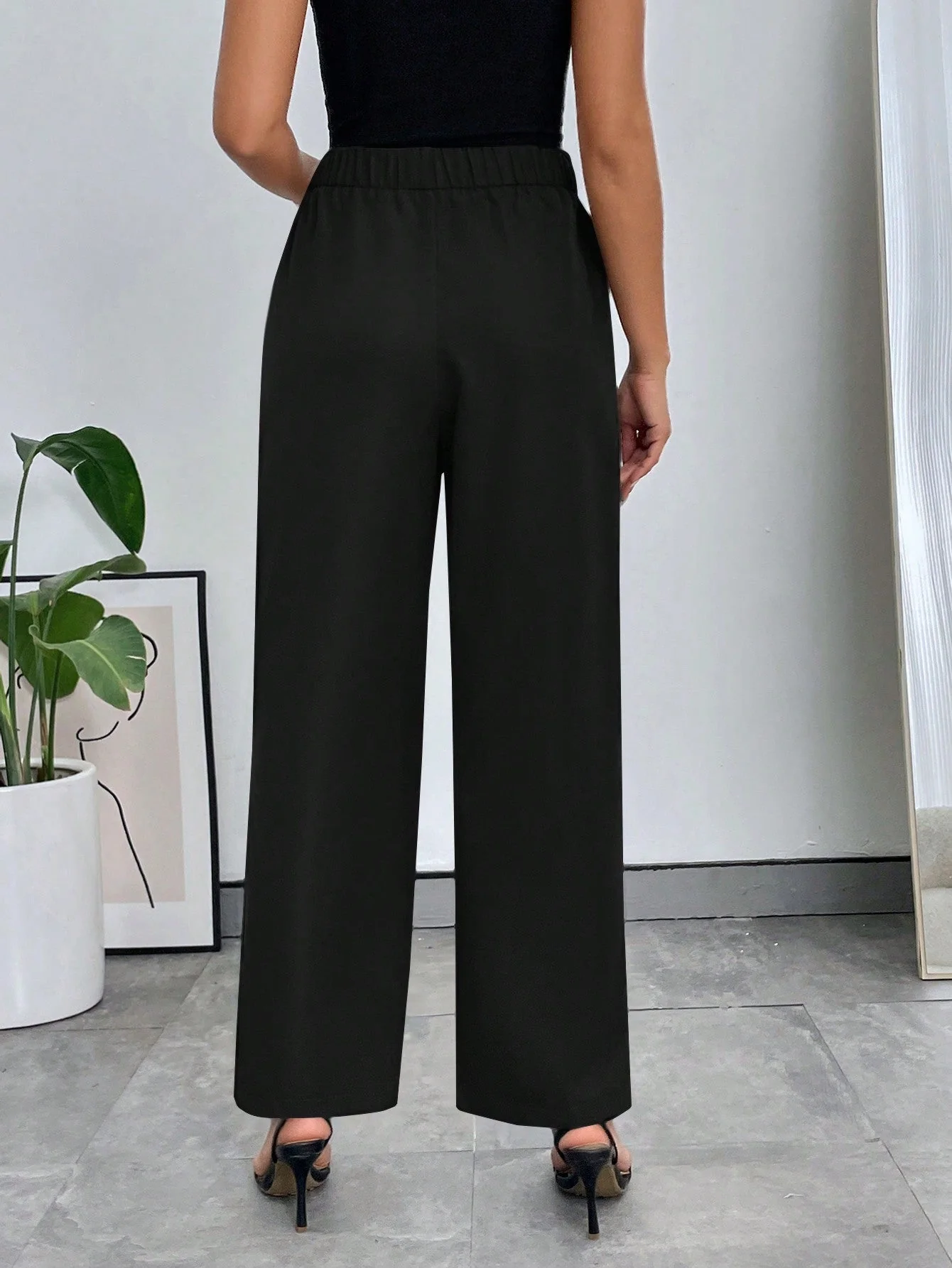 Pleated Slant Pockets Solid Color Fashionable Casual All-Match Straight Pants - Image 2