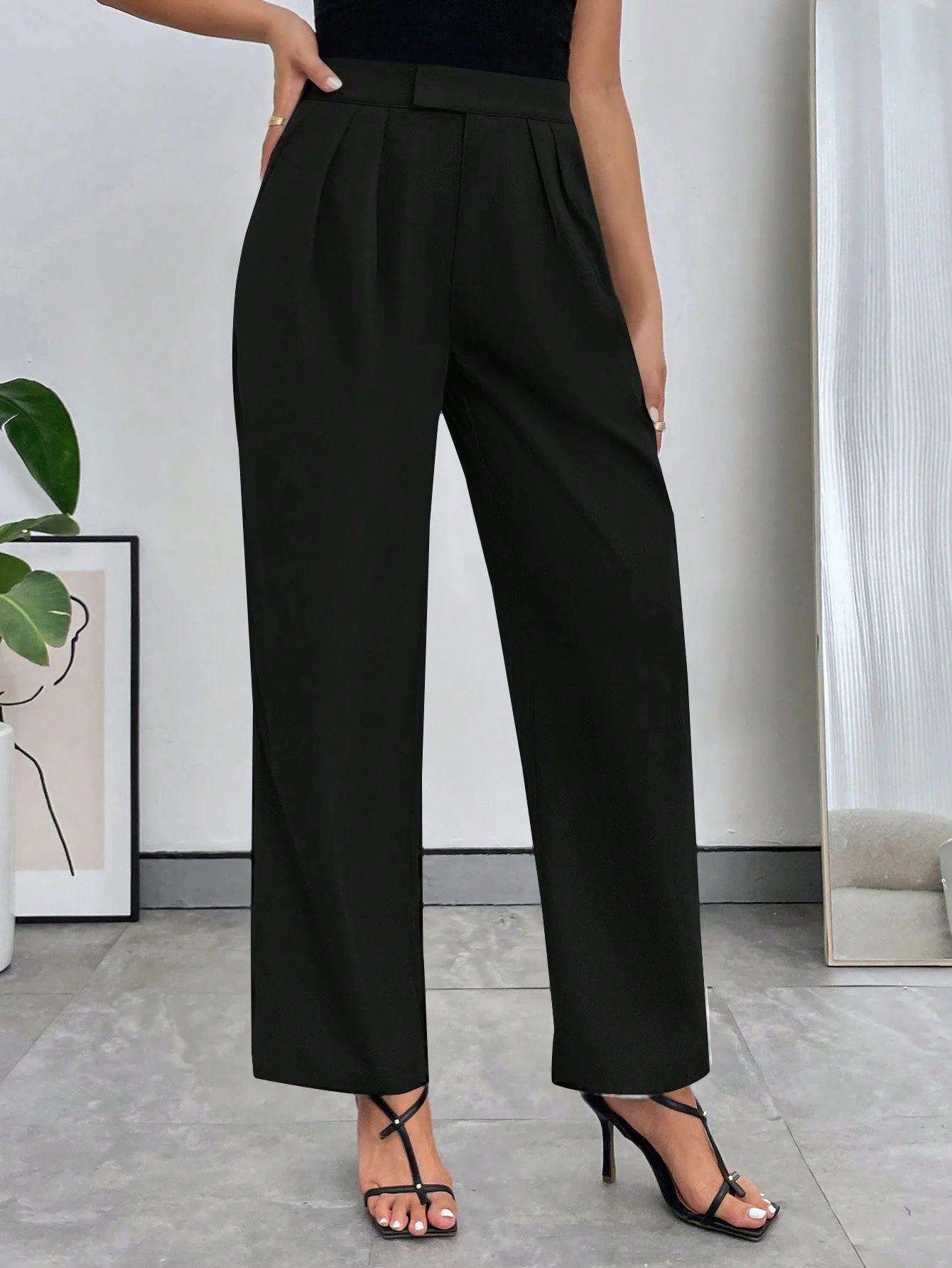 Pleated Slant Pockets Solid Color Fashionable Casual All-Match Straight Pants - Image 3