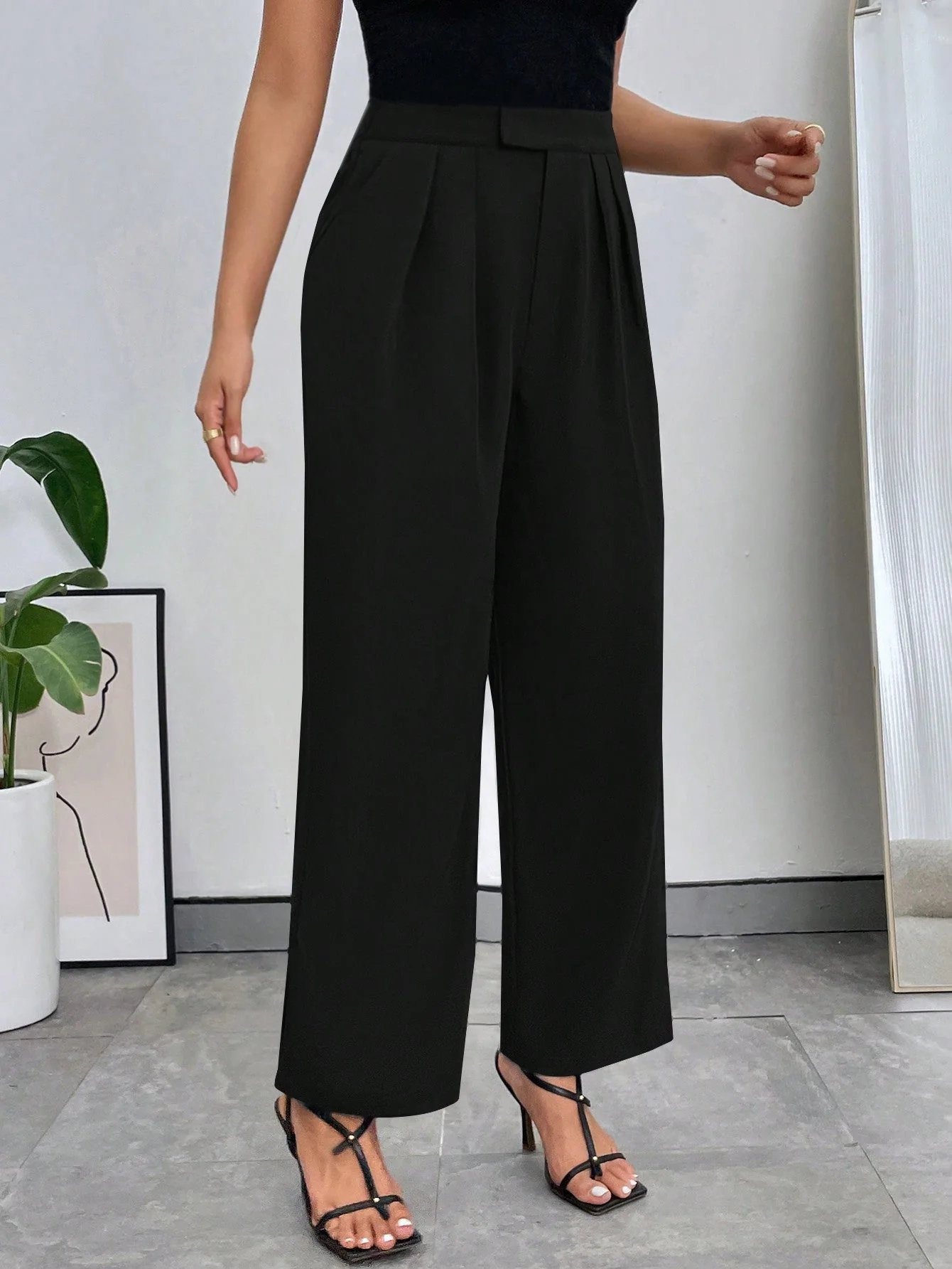Pleated Slant Pockets Solid Color Fashionable Casual All-Match Straight Pants - Image 4