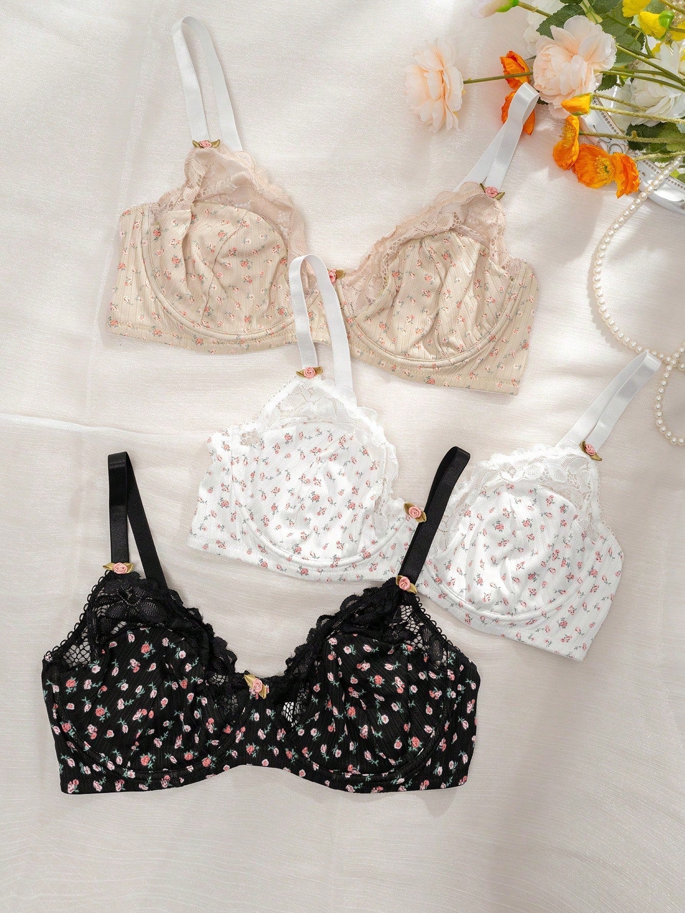 Plus 3pcs Ditsy Floral Print Contrast Lace Underwire Bra - Image 4