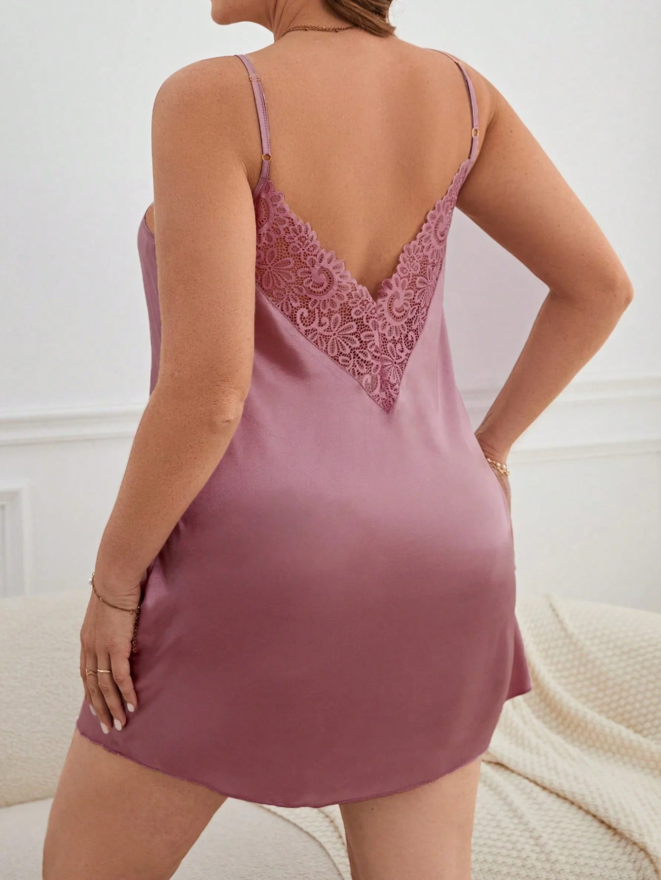 Plus Contrast Lace Satin Cami Pajama Nightdress FD - Image 2