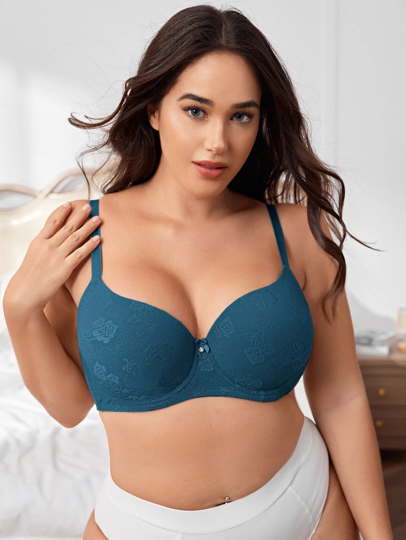 Plus Floral Jacquard Bow Front Push Up Bra FD - Image 6