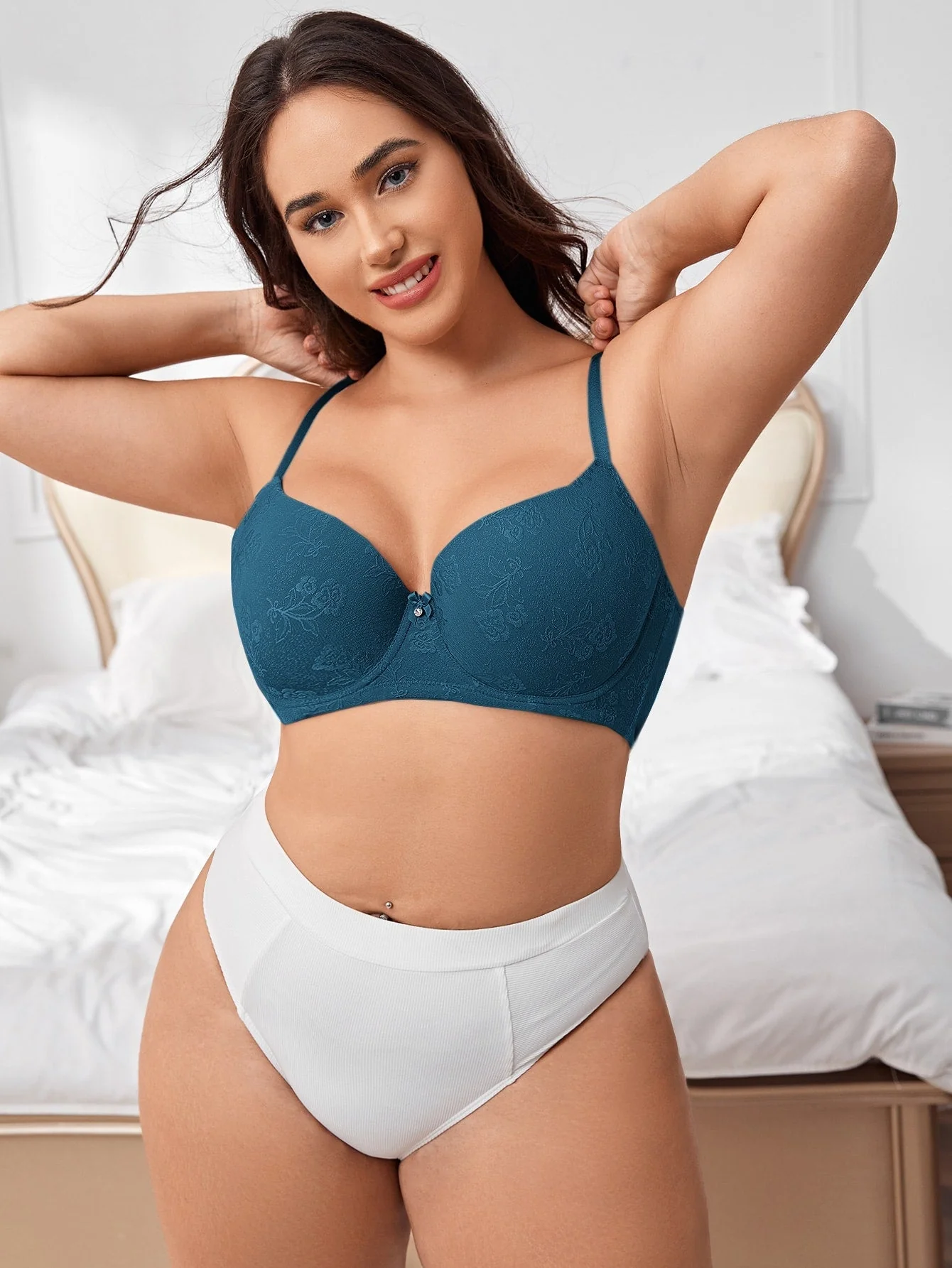 Plus Floral Jacquard Bow Front Push Up Bra FD - Image 8