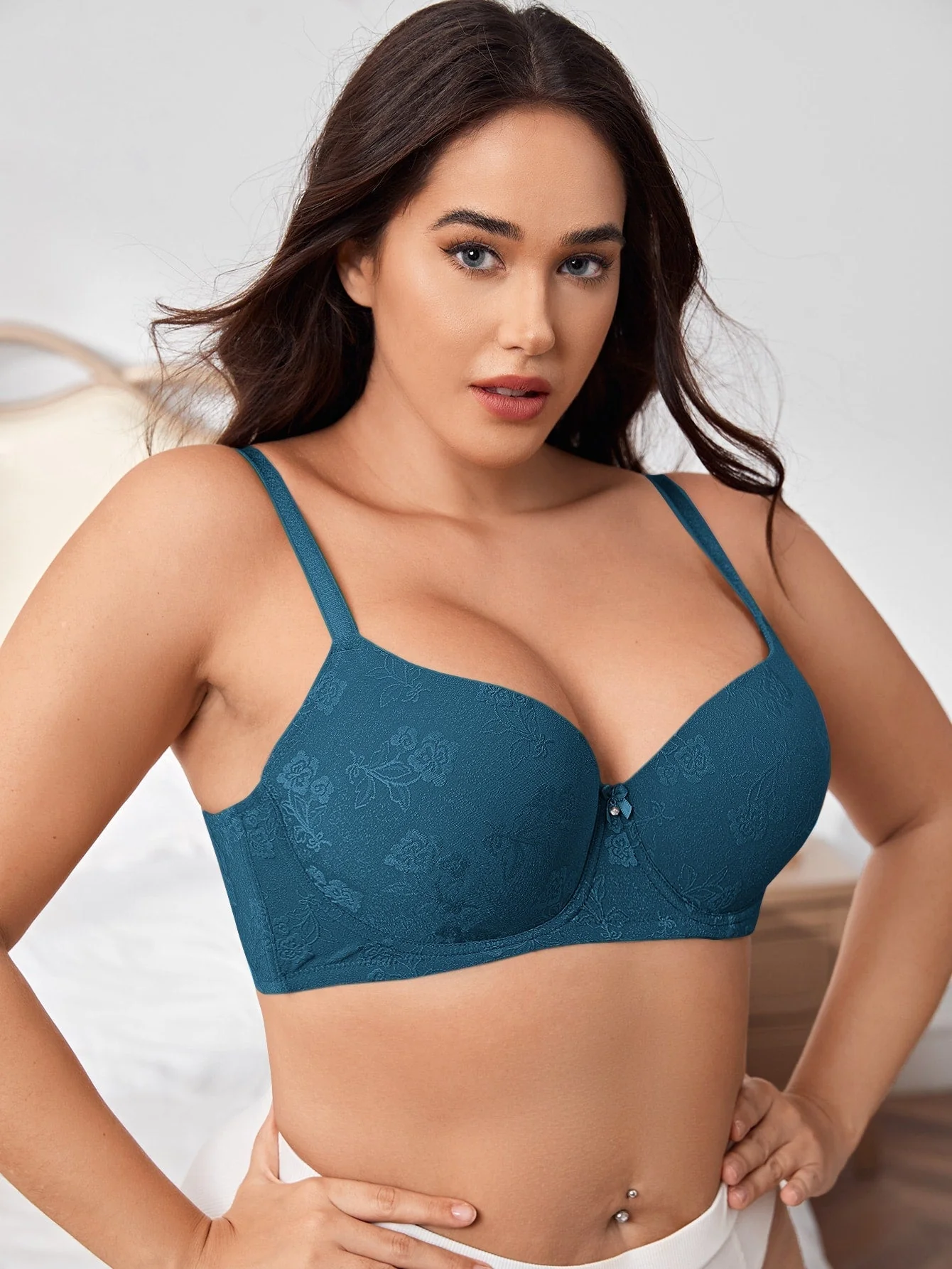 Plus Floral Jacquard Bow Front Push Up Bra FD - Image 9