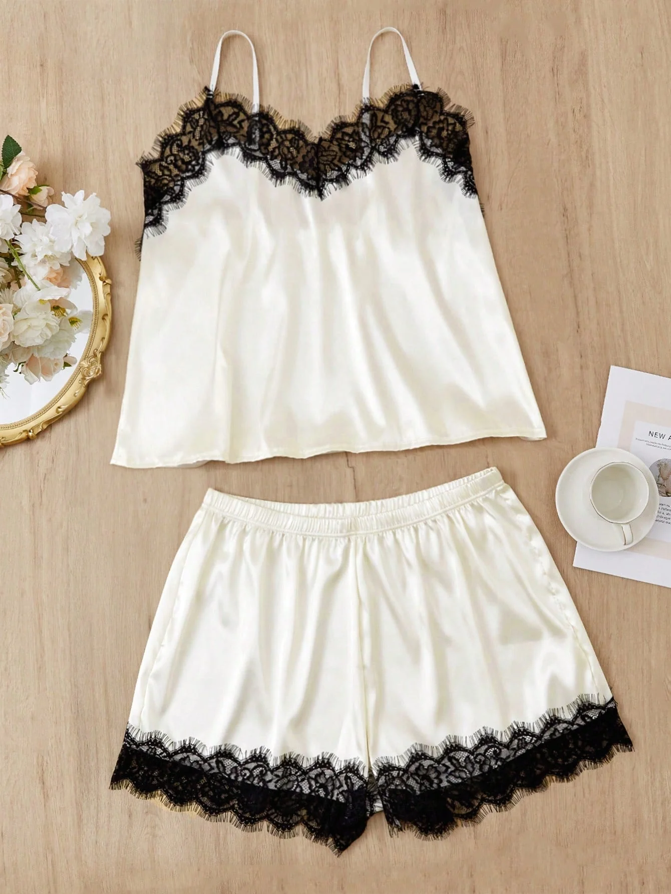 Plus Halloween Lace Trim Satin Cami Top & Shorts PJ Set / Pajama Set - Image 2