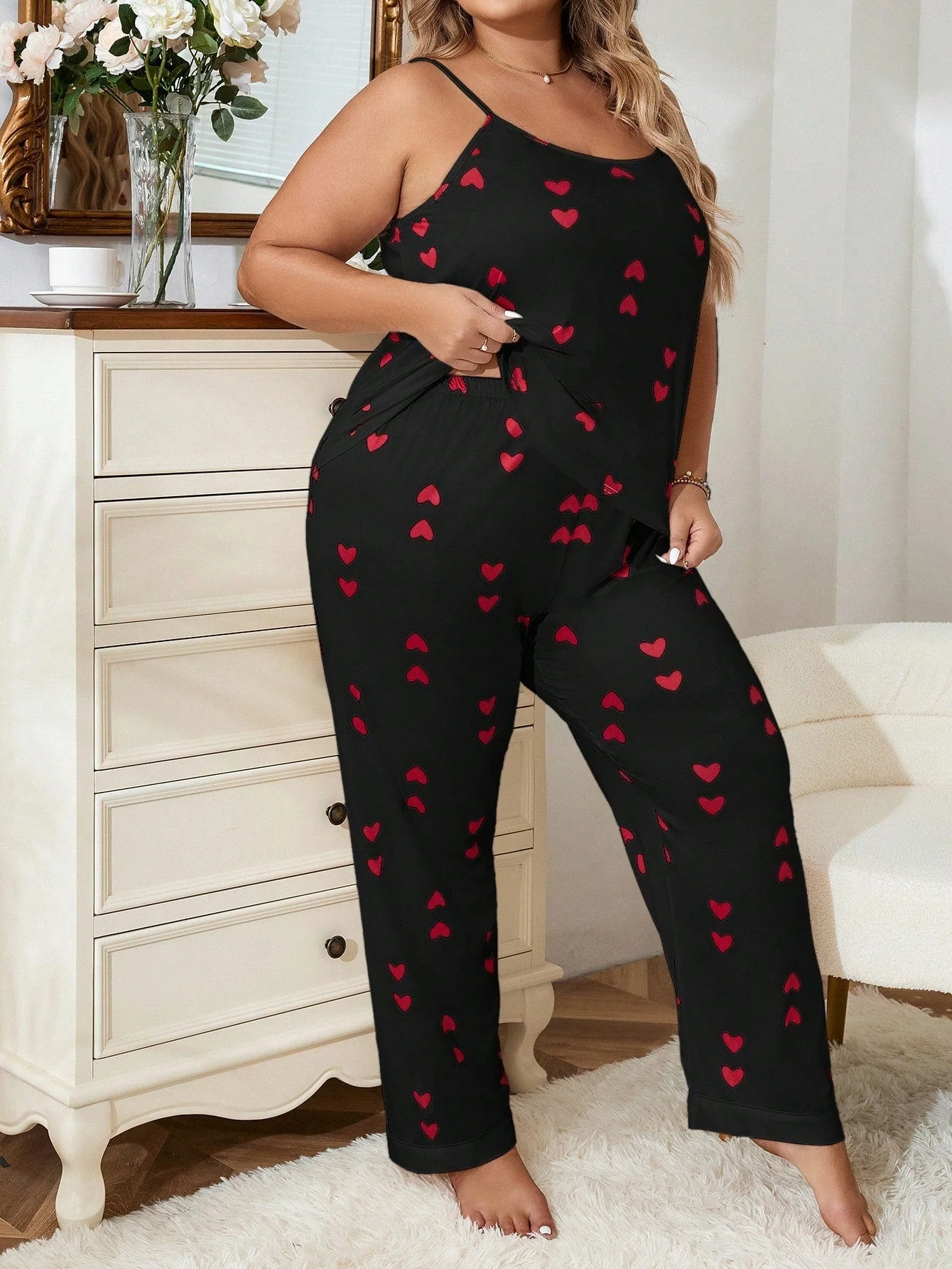 Plus Heart Print Cami Top & Pants PJ Set - Image 3