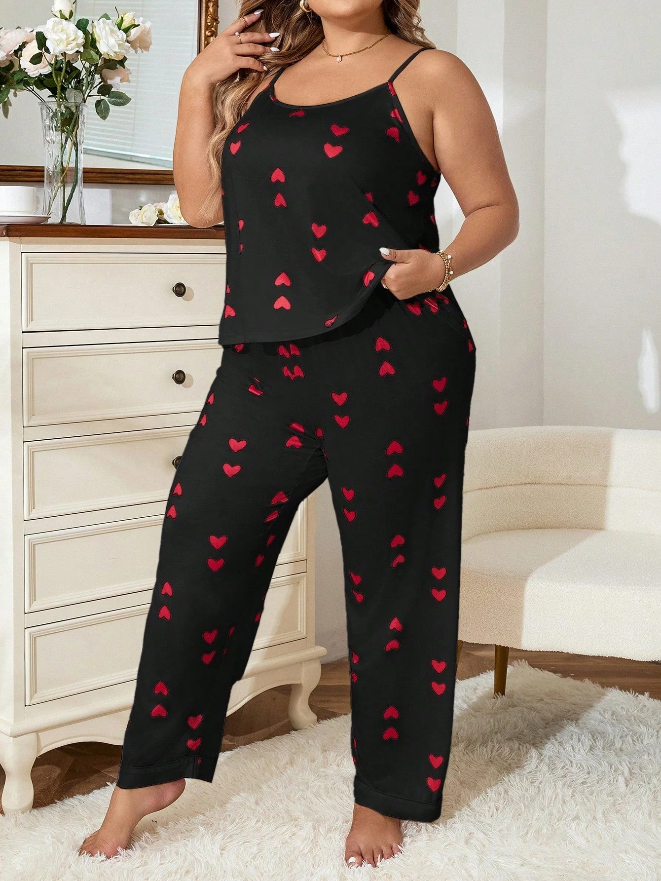 Plus Heart Print Cami Top & Pants PJ Set - Image 4