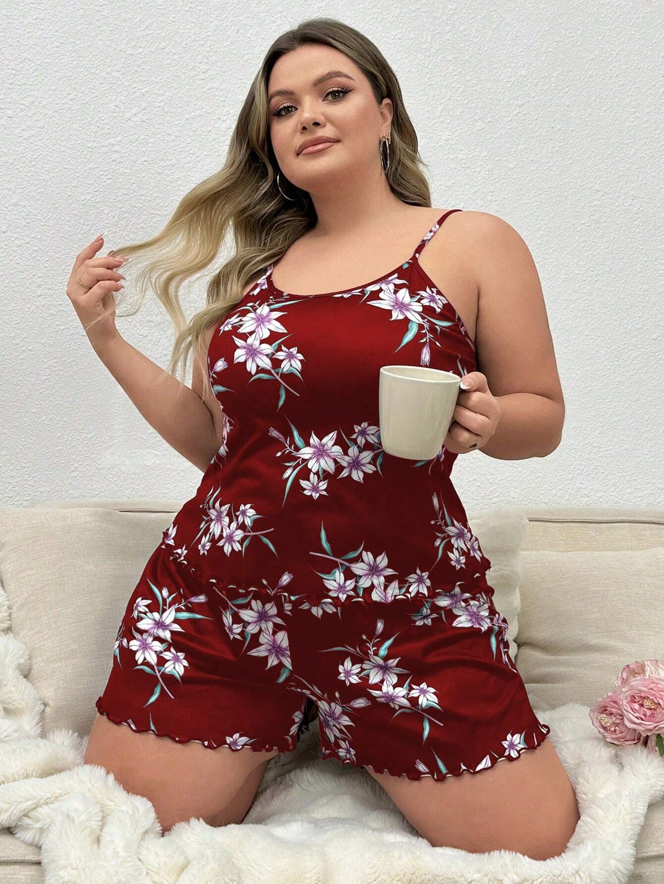 Plus Size Printed Spaghetti Strap Cami Pajama Set - Image 3
