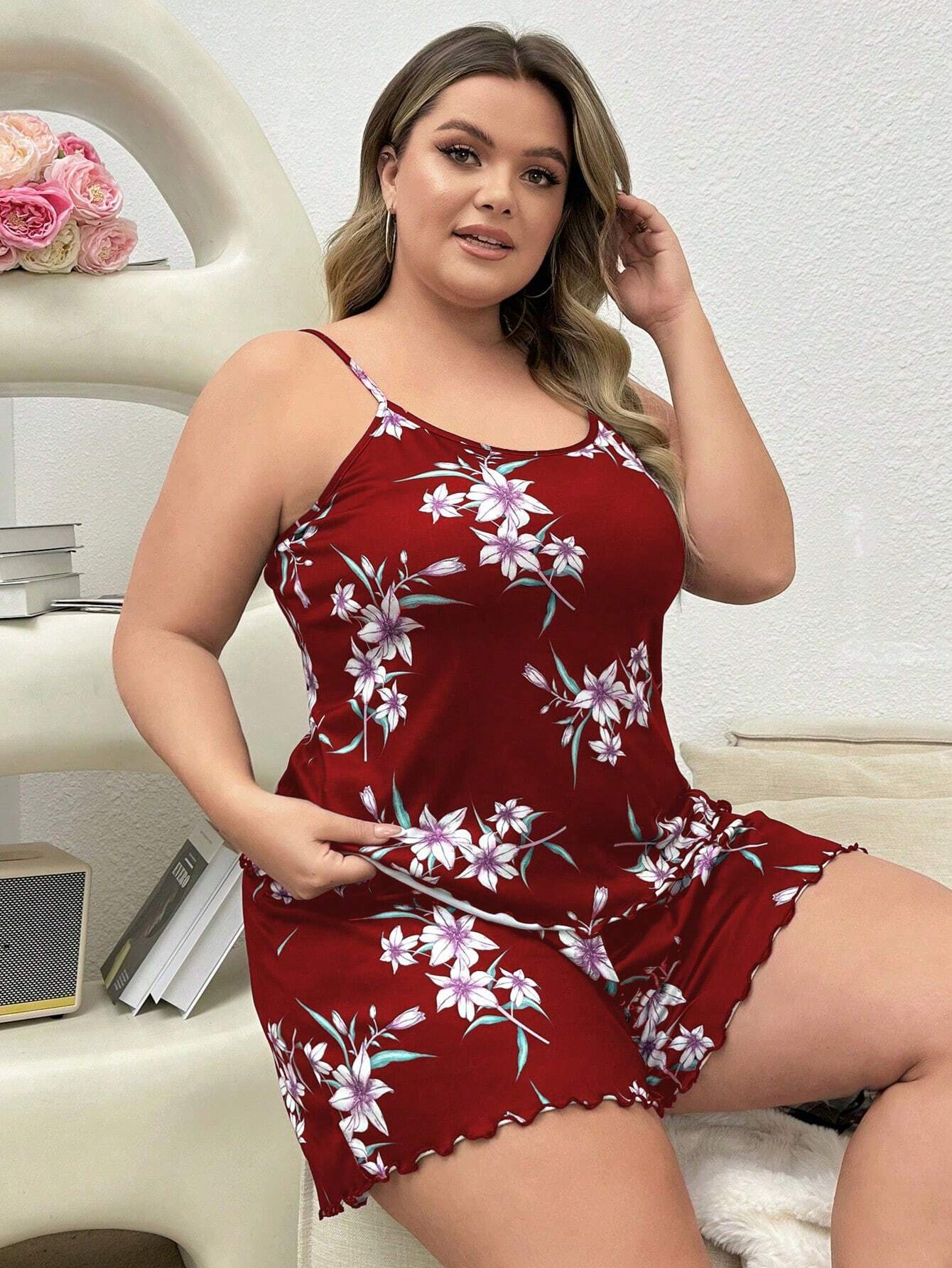 Plus Size Printed Spaghetti Strap Cami Pajama Set - Image 6