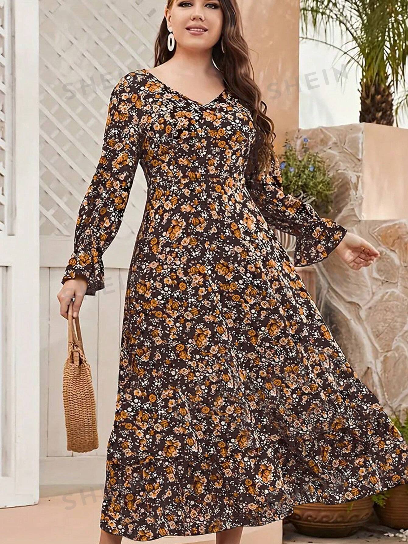 Plus Size V-neck Lotus Leaf Sleeve Long Sleeve Printed Dress - Image 2
