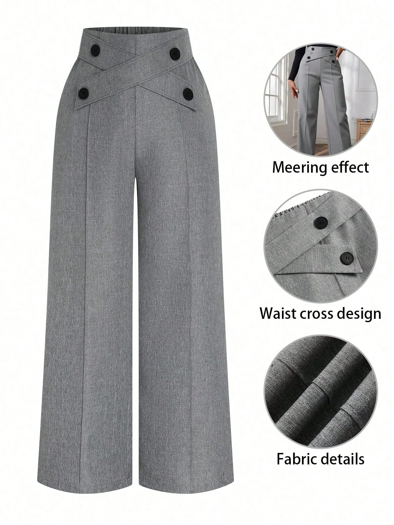 Plus Size Women Button Decorated Waist Crossed Front Seam Long Wide Leg Casual Pants - Image 9
