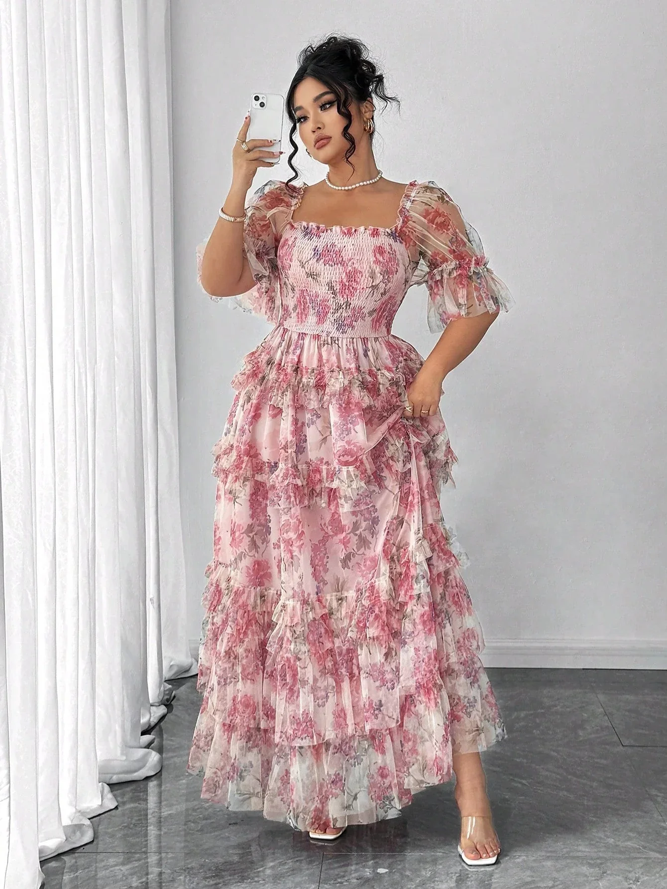 Plus Size Women Elegant Romantic Floral Print Mesh Inlay Knitted New Dress